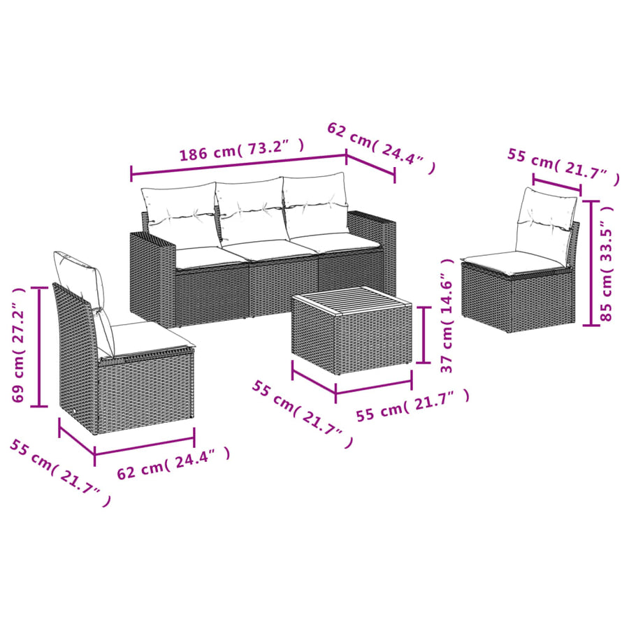 6-Delige Loungeset Met Kussens Poly Rattan Gemengd Beige