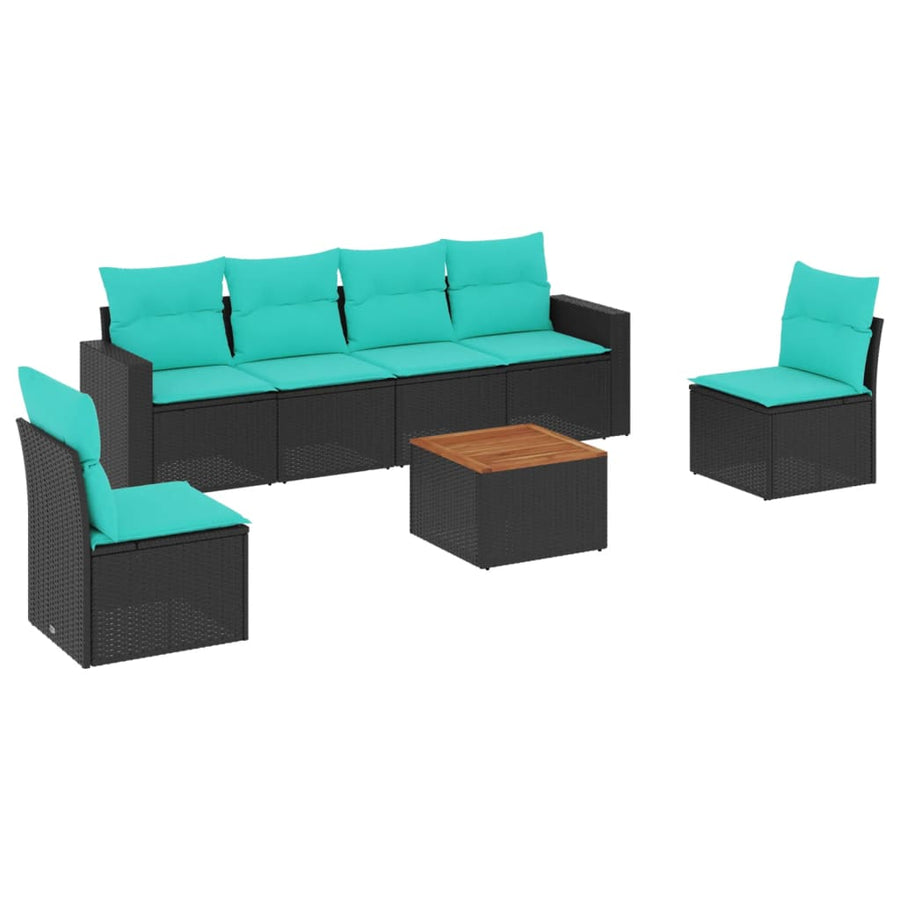 7-delige Loungeset met kussens poly rattan zwart