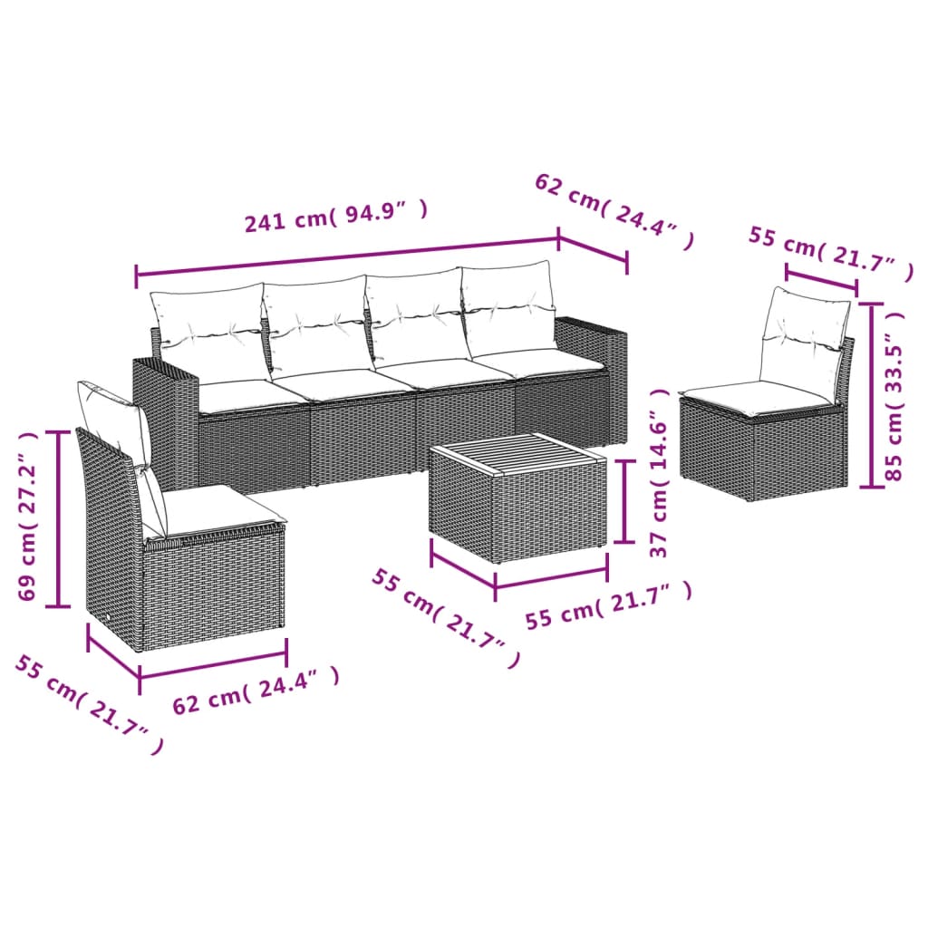 7-delige Loungeset met kussens poly rattan zwart