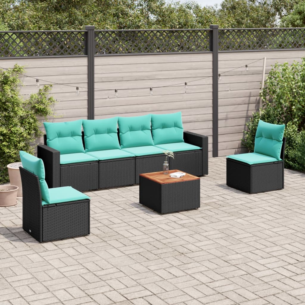 7-delige Loungeset met kussens poly rattan zwart