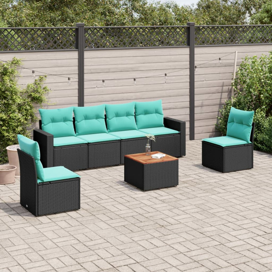 7-delige Loungeset met kussens poly rattan zwart