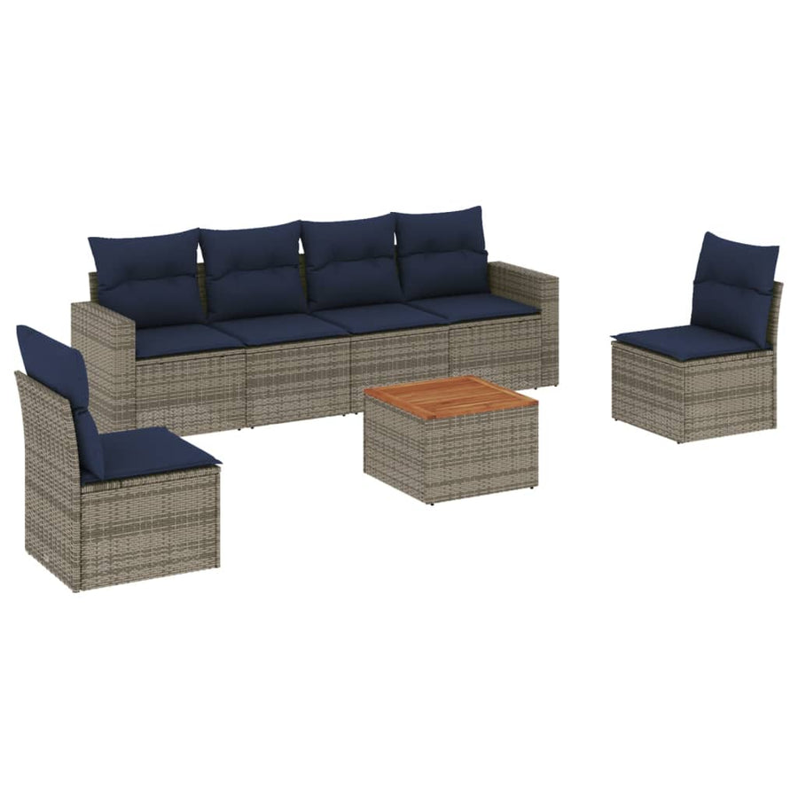 7-delige Loungeset met kussens poly rattan grijs