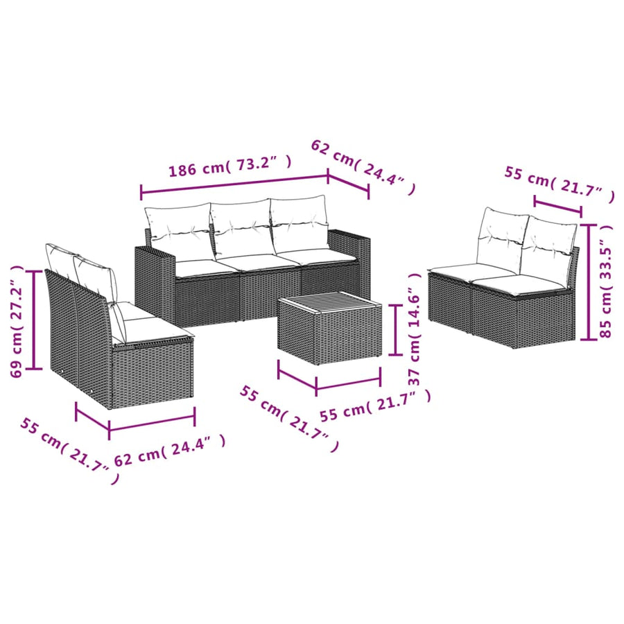 8-delige Loungeset met kussens poly rattan zwart