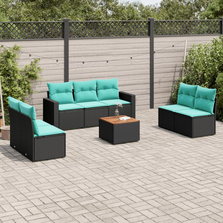 8-delige Loungeset met kussens poly rattan zwart