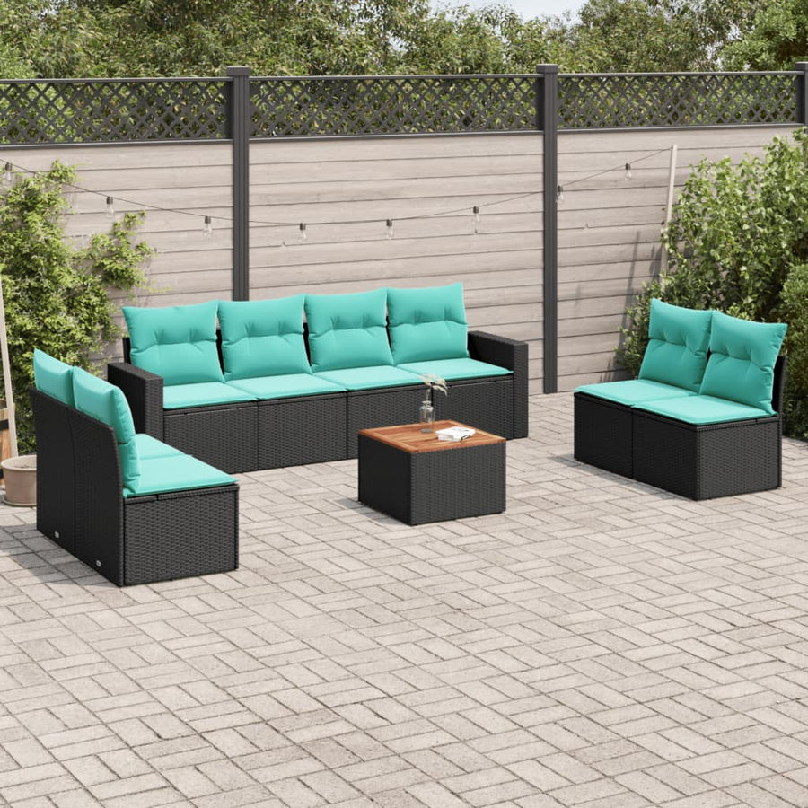 9-delige Loungeset met kussens poly rattan zwart