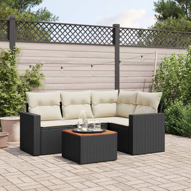 5-delige Loungeset met kussens poly rattan zwart