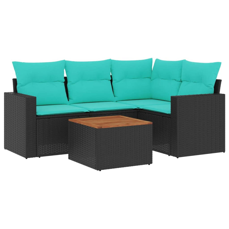 5-delige Loungeset met kussens poly rattan zwart