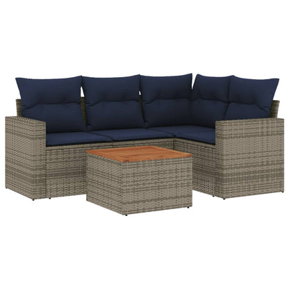5-delige Loungeset met kussens poly rattan grijs