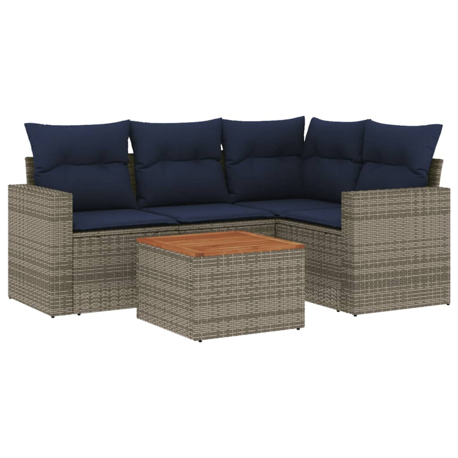 5-delige Loungeset met kussens poly rattan grijs