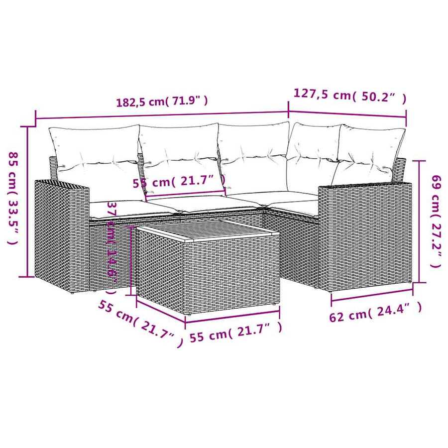 5-delige Loungeset met kussens poly rattan grijs