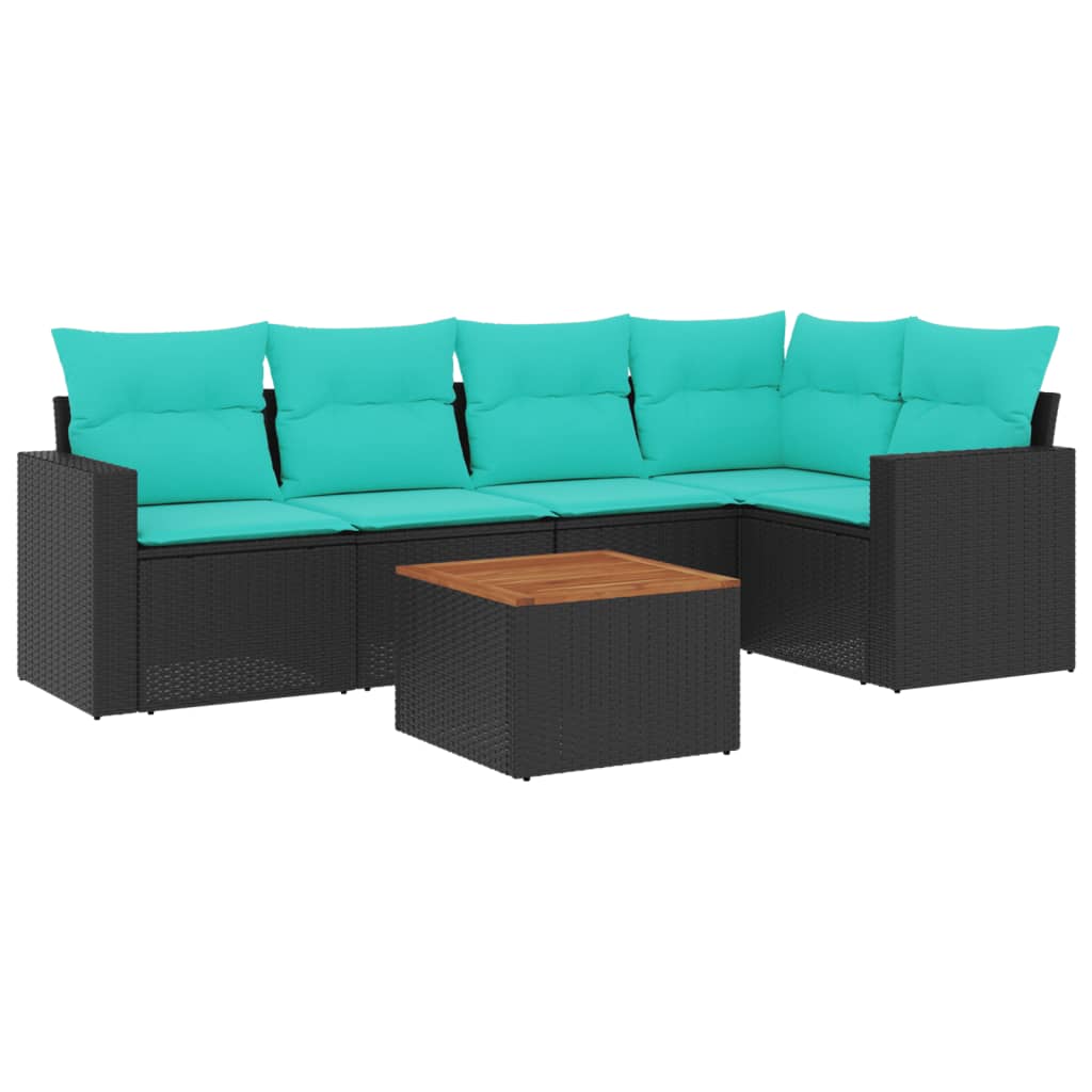 6-delige Loungeset met kussens poly rattan zwart