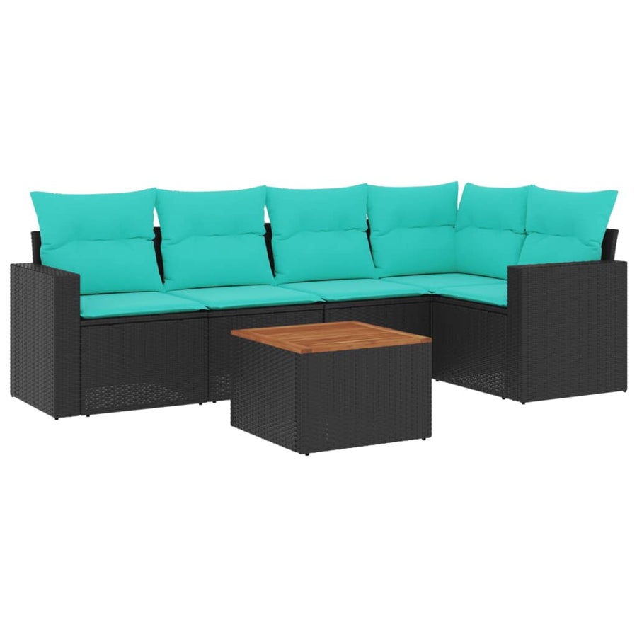 6-delige Loungeset met kussens poly rattan zwart