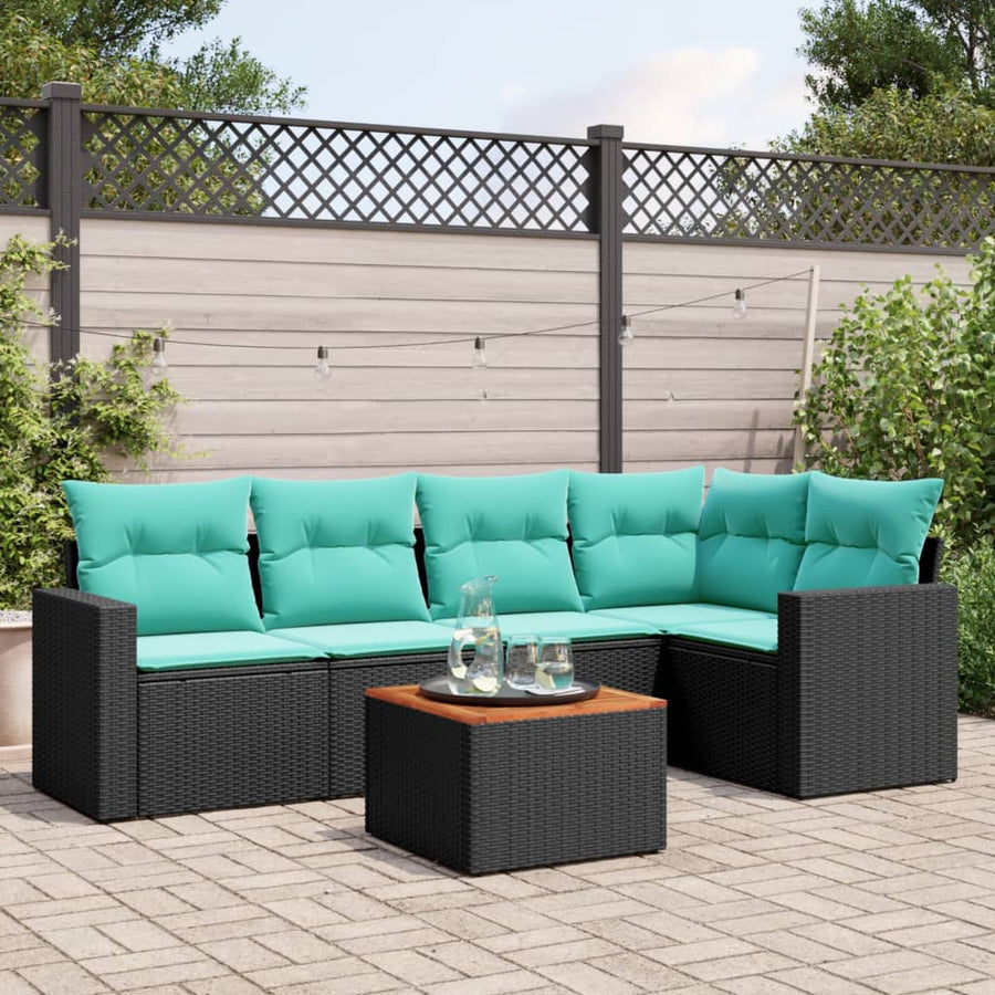 6-delige Loungeset met kussens poly rattan zwart