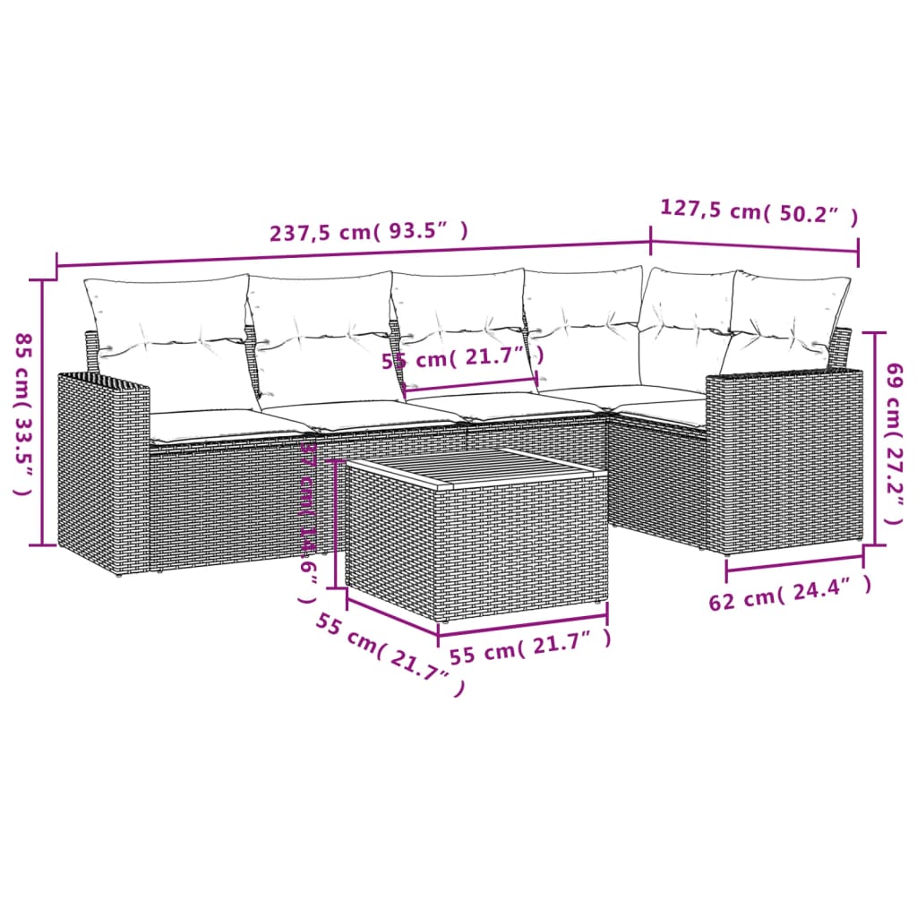 6-Delige Loungeset Met Kussens Poly Rattan Gemengd Beige