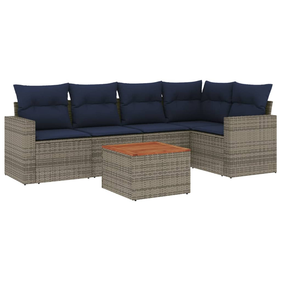 6-delige Loungeset met kussens poly rattan grijs