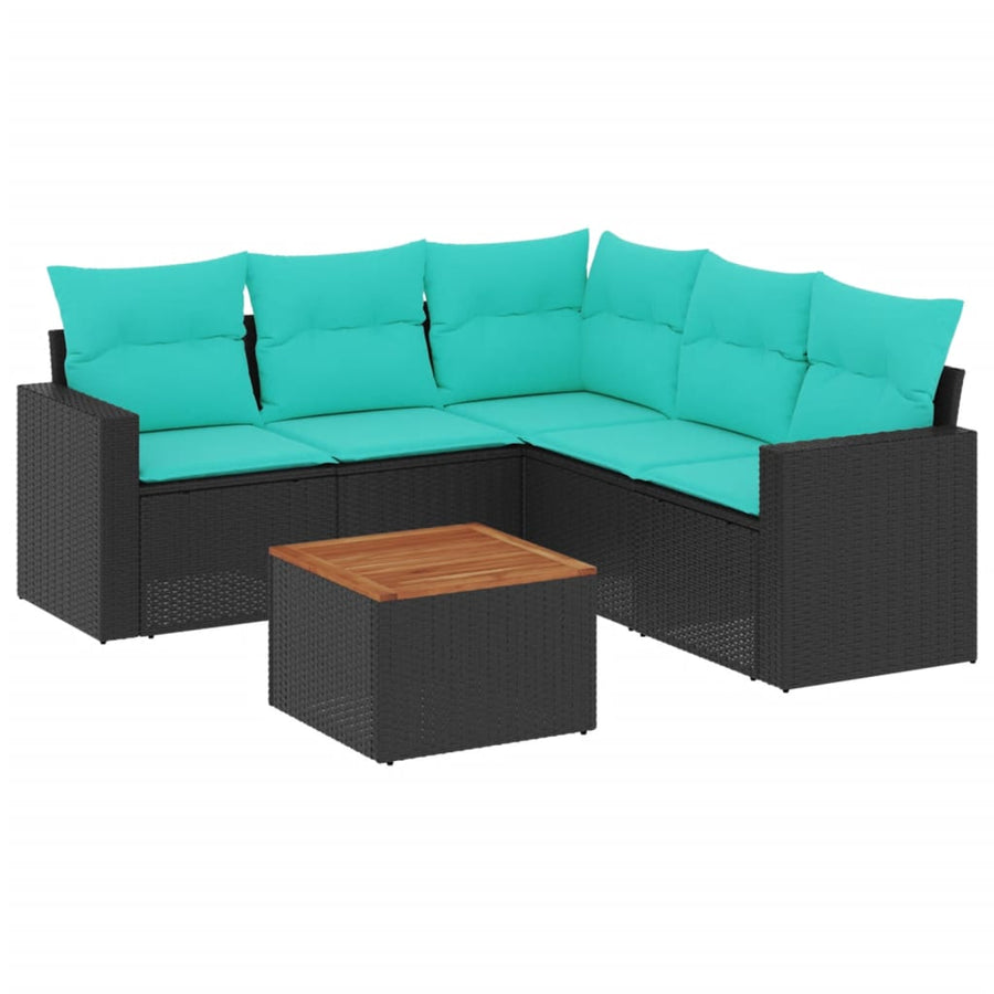 6-delige Loungeset met kussens poly rattan zwart
