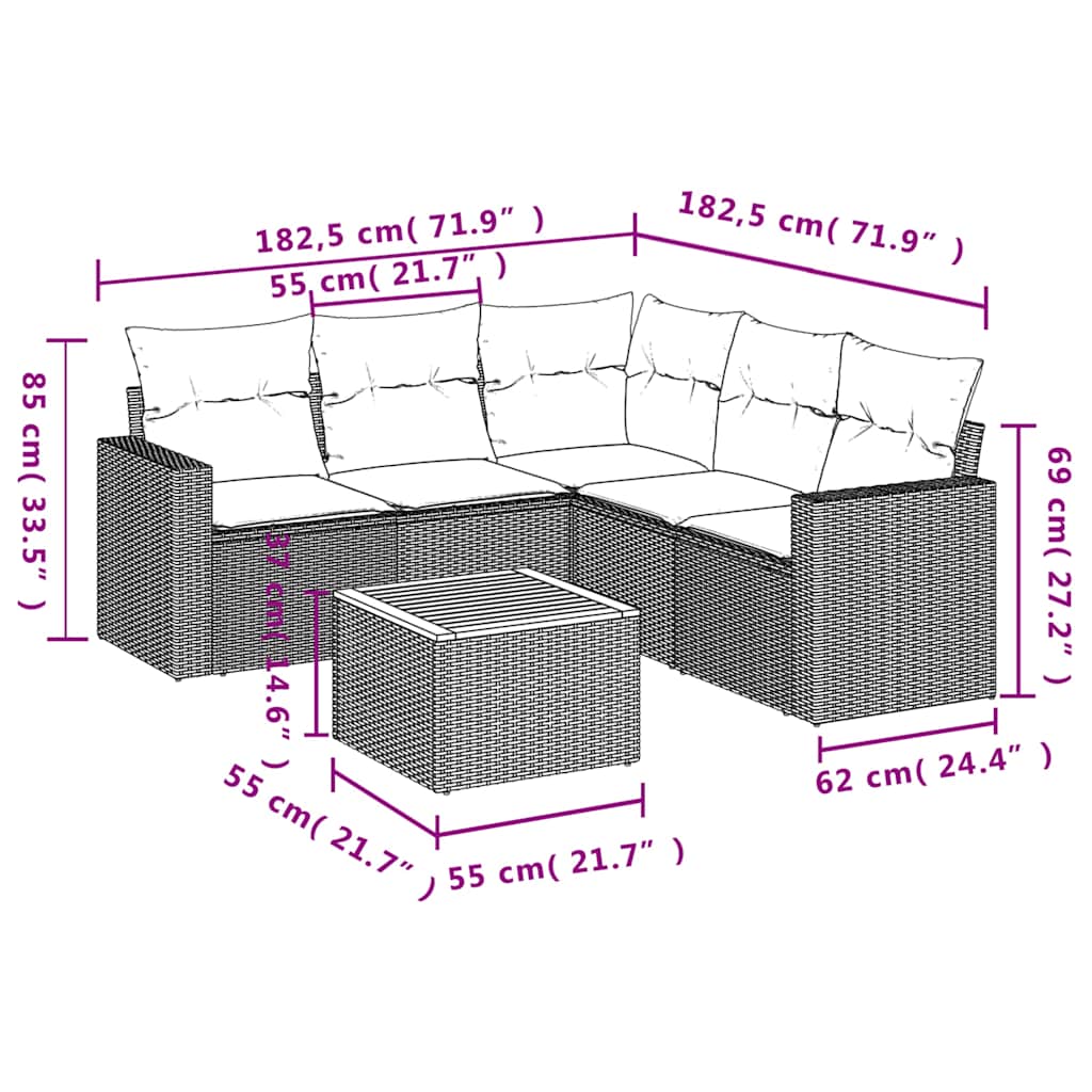 6-delige Loungeset met kussens poly rattan zwart