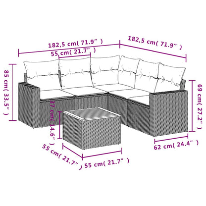 6-delige Loungeset met kussens poly rattan zwart