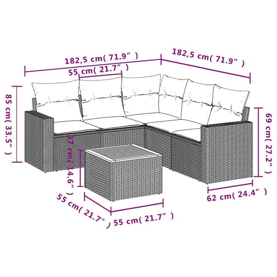 6-delige Loungeset met kussens poly rattan zwart