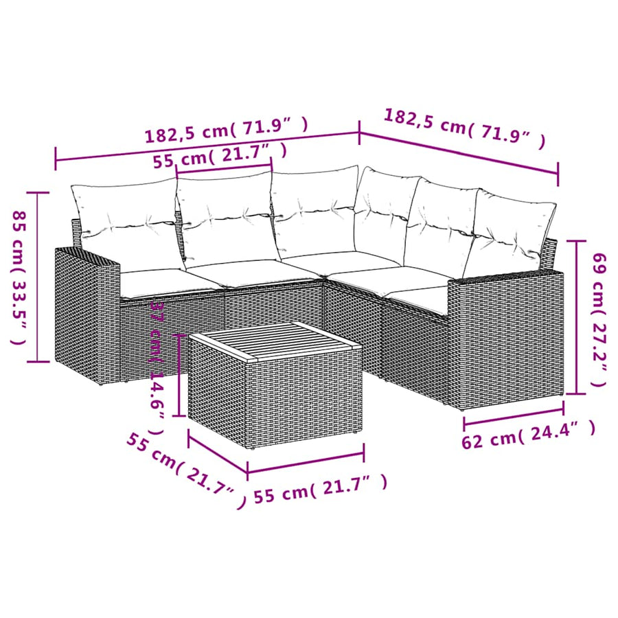 6-delige Loungeset met kussens poly rattan grijs
