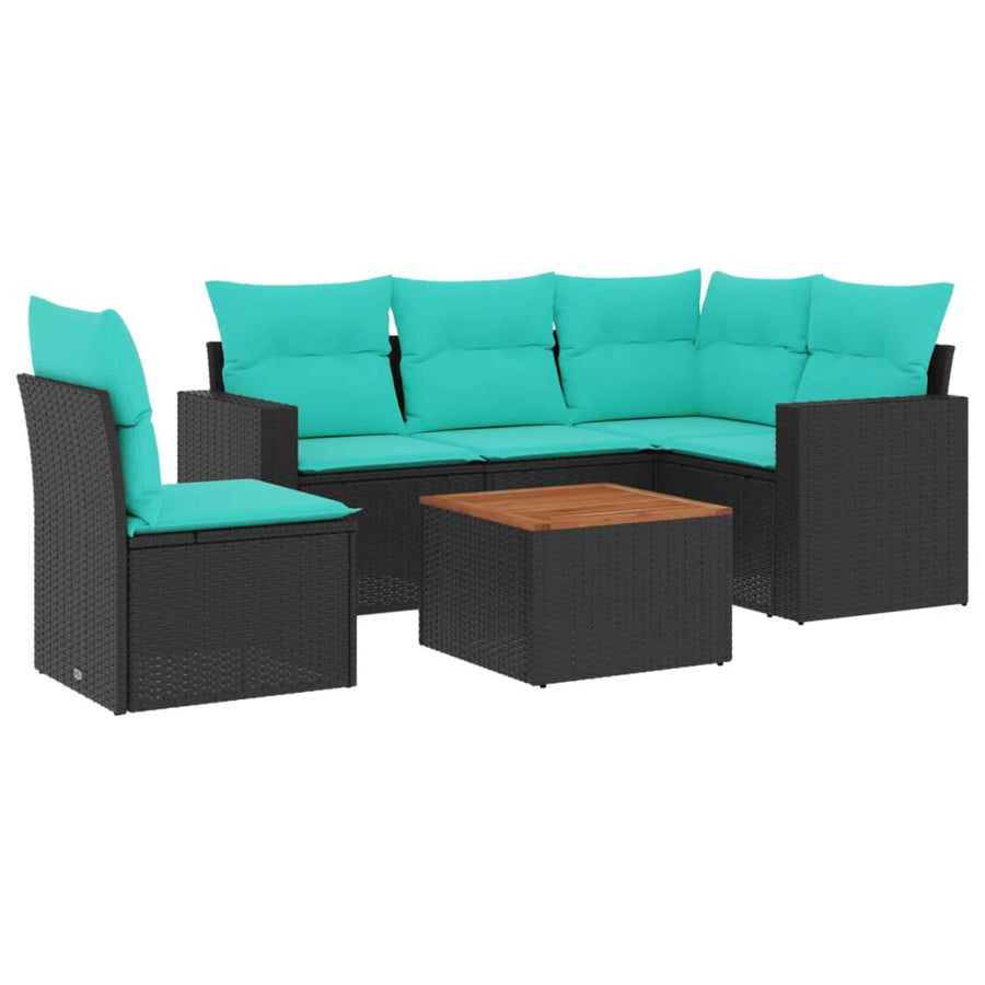 6-delige Loungeset met kussens poly rattan zwart
