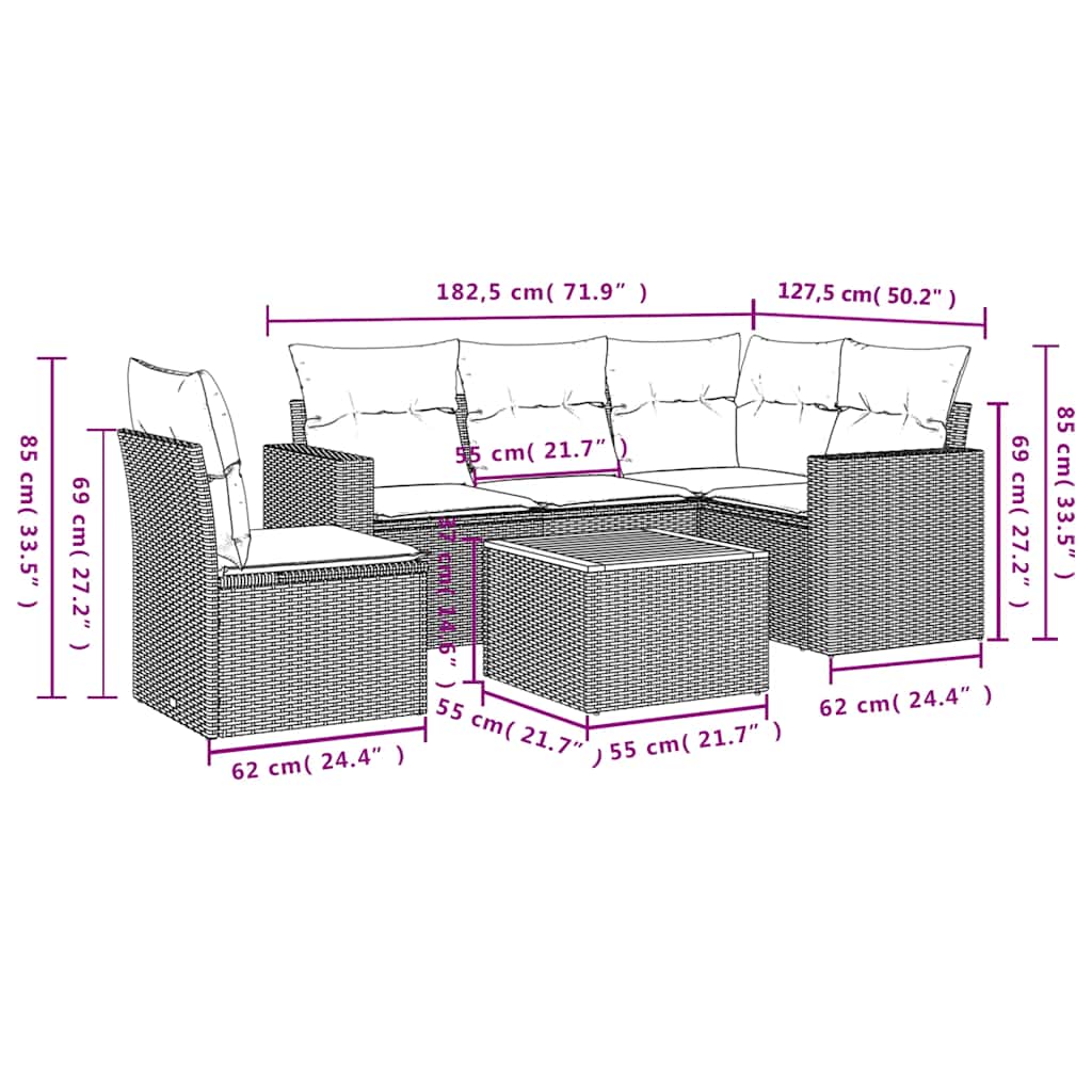 6-delige Loungeset met kussens poly rattan zwart