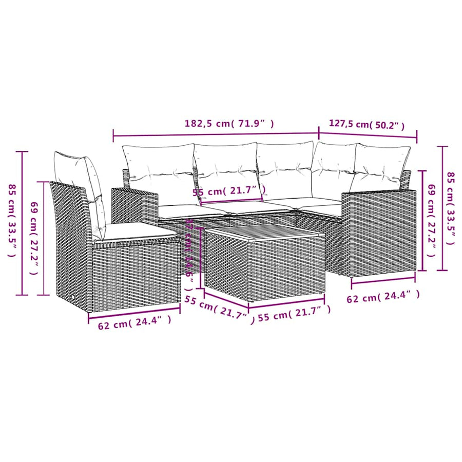 6-delige Loungeset met kussens poly rattan zwart