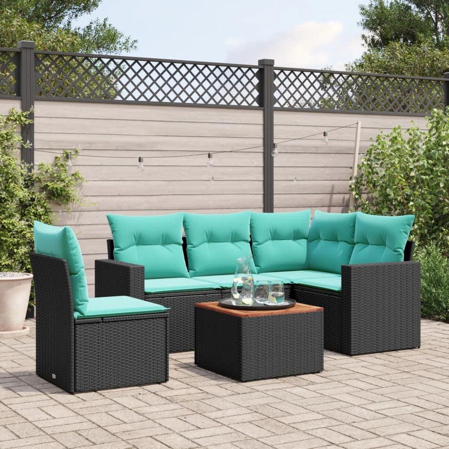 6-delige Loungeset met kussens poly rattan zwart