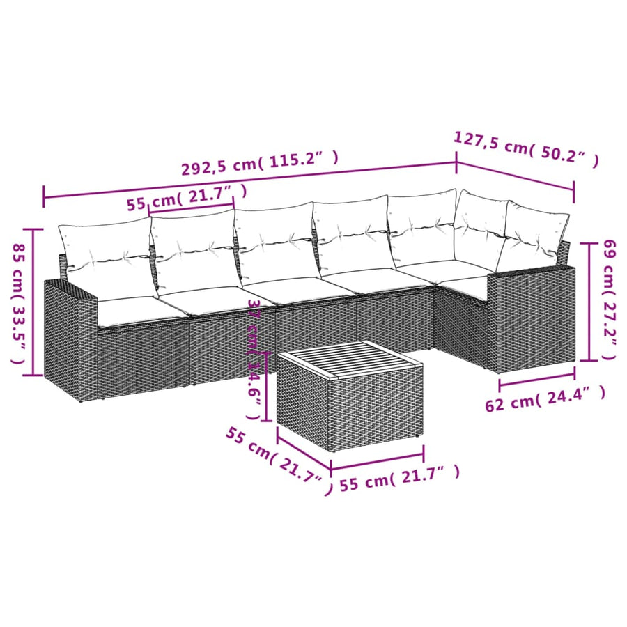 7-delige Loungeset met kussens poly rattan zwart