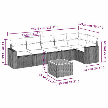 7-delige Loungeset met kussens poly rattan zwart