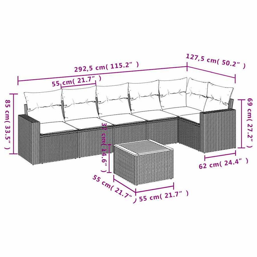 7-delige Loungeset met kussens poly rattan zwart
