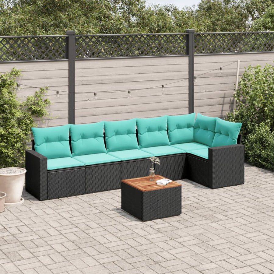 7-delige Loungeset met kussens poly rattan zwart