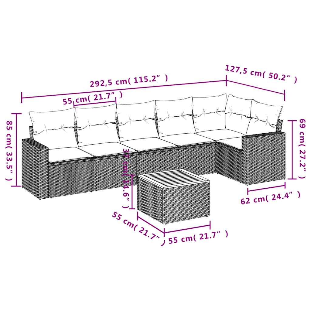 7-delige Loungeset met kussens poly rattan grijs