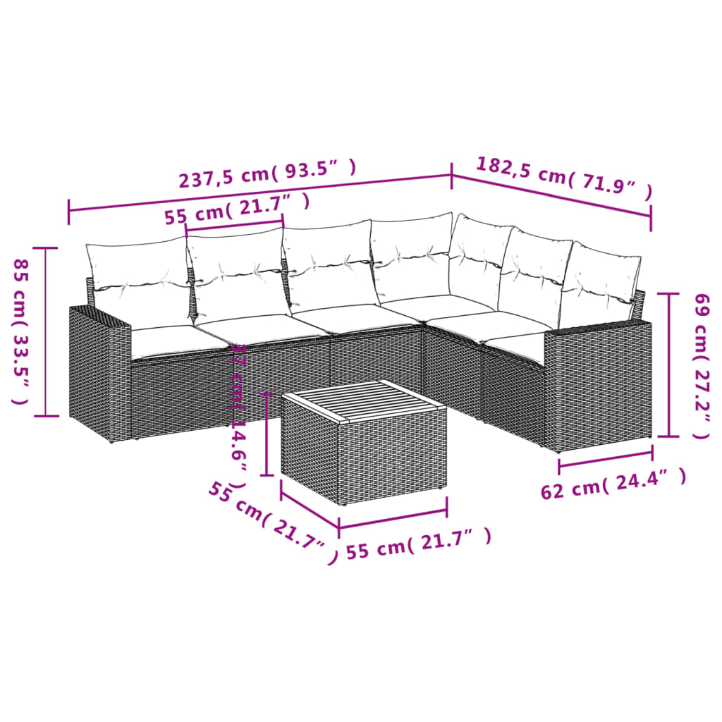7-delige Loungeset met kussens poly rattan zwart