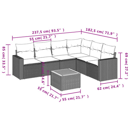7-delige Loungeset met kussens poly rattan zwart