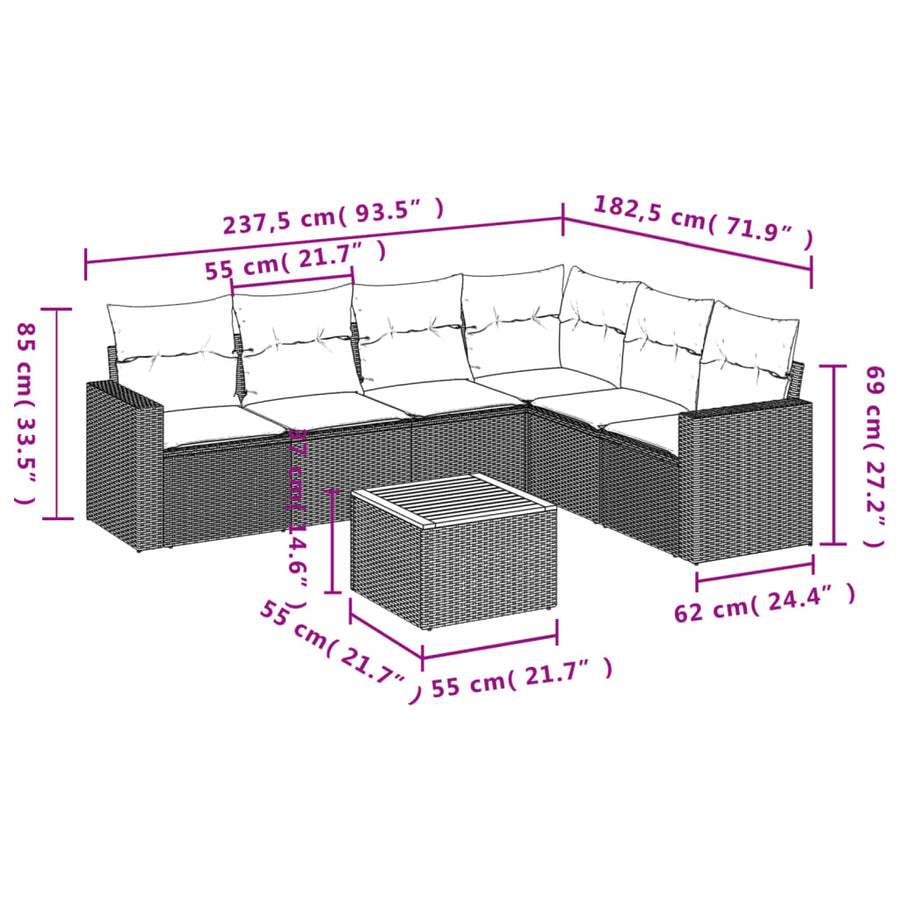 7-delige Loungeset met kussens poly rattan zwart