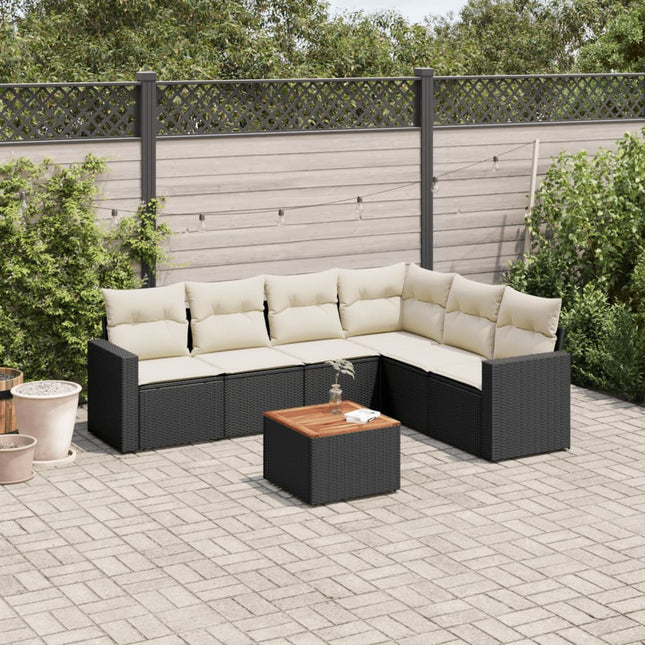 7-delige Loungeset met kussens poly rattan zwart