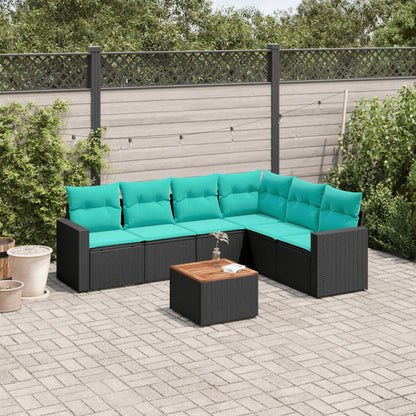 7-delige Loungeset met kussens poly rattan zwart