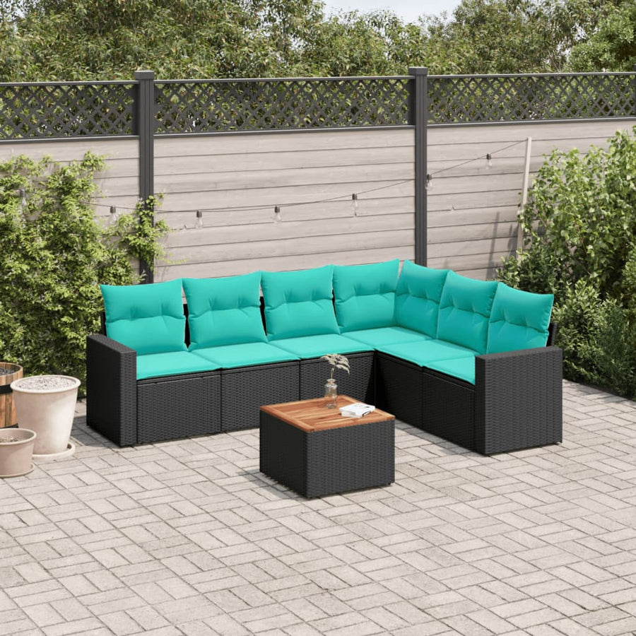7-delige Loungeset met kussens poly rattan zwart