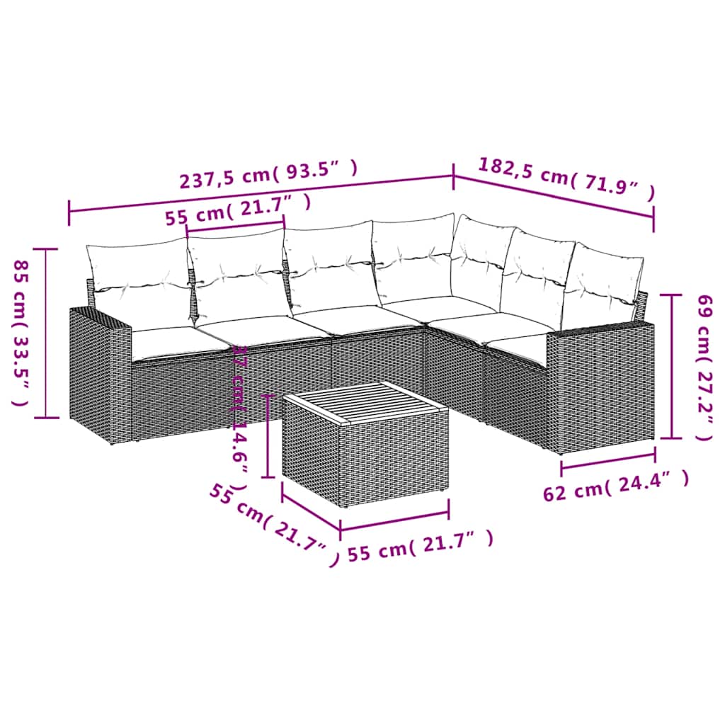 7-delige Loungeset met kussens poly rattan grijs