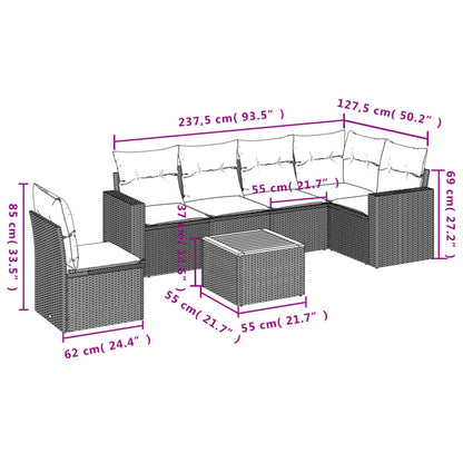 7-delige Loungeset met kussens poly rattan zwart