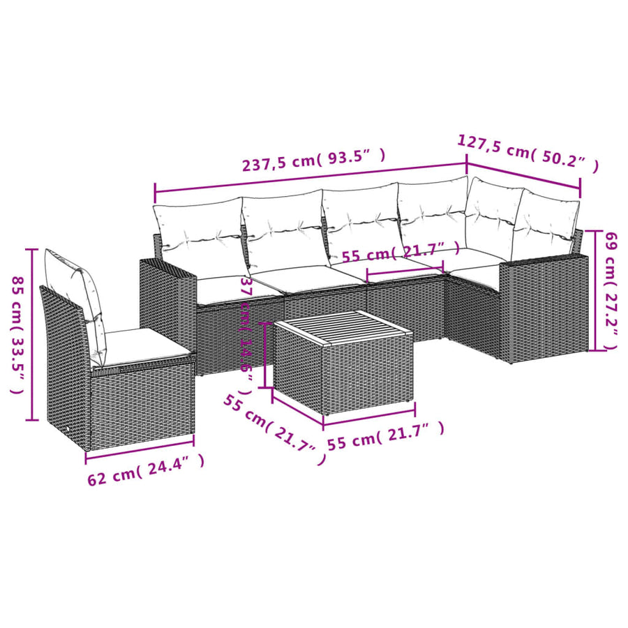 7-delige Loungeset met kussens poly rattan zwart