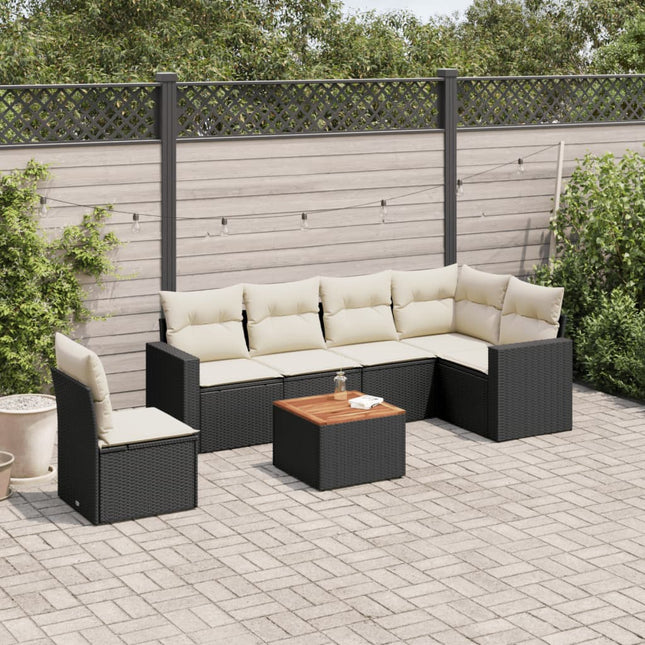 7-delige Loungeset met kussens poly rattan zwart