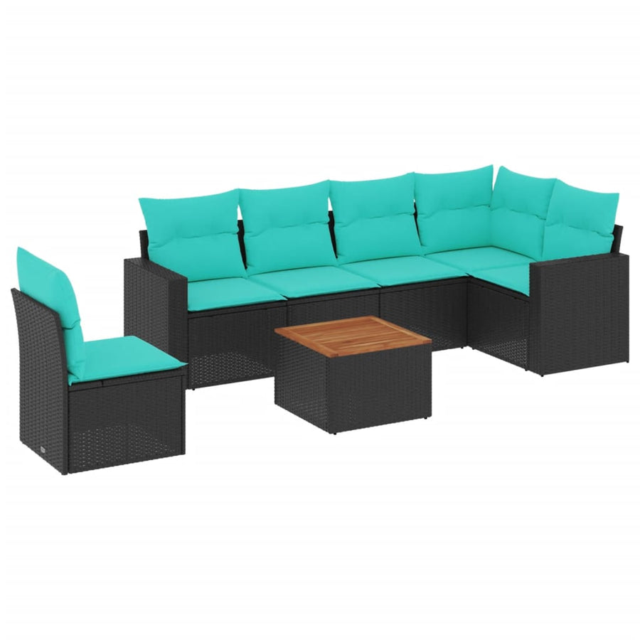 7-delige Loungeset met kussens poly rattan zwart