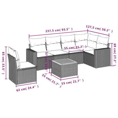 7-delige Loungeset met kussens poly rattan zwart