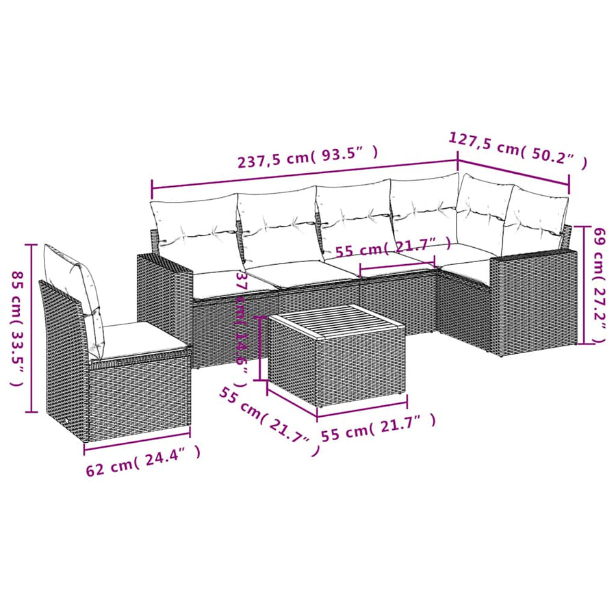 7-delige Loungeset met kussens poly rattan zwart