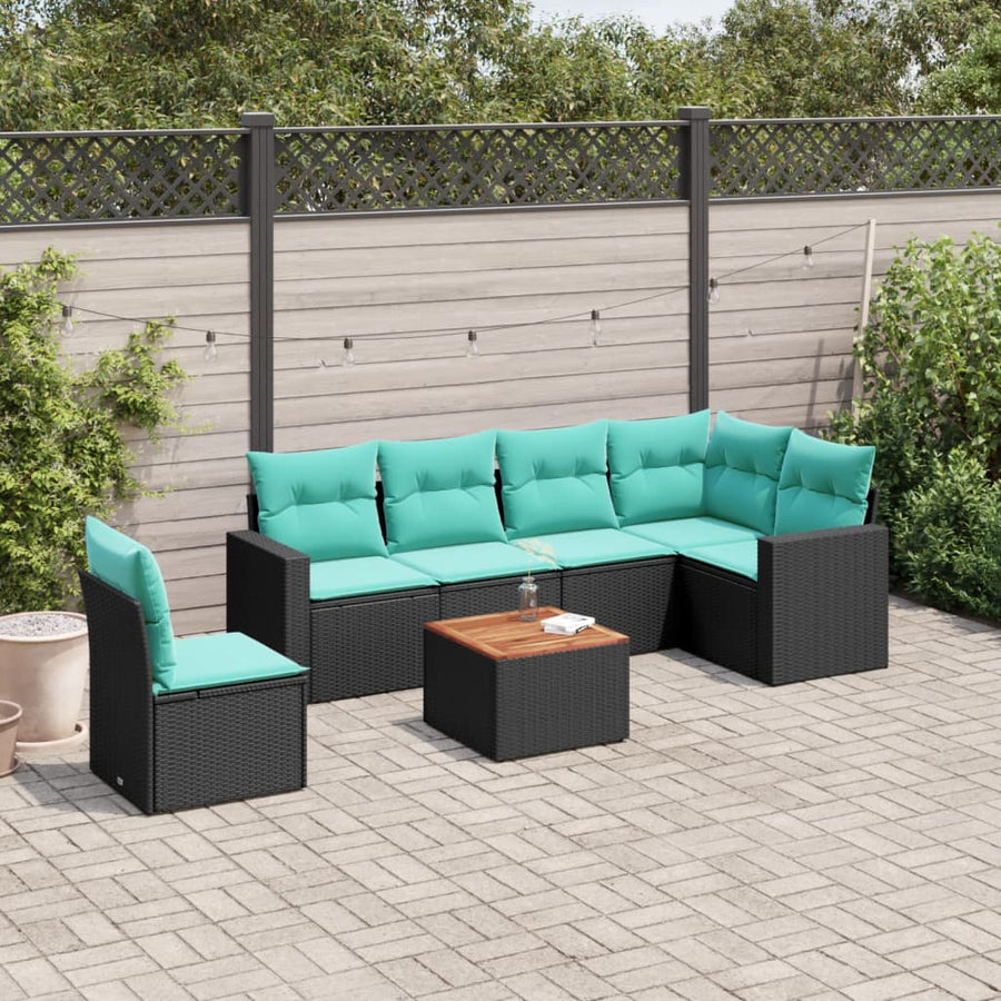 7-delige Loungeset met kussens poly rattan zwart