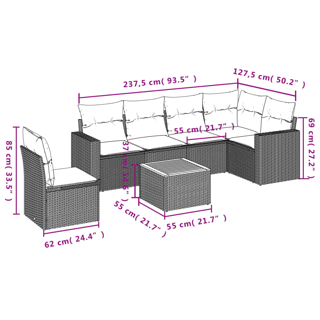 7-Delige Loungeset Met Kussens Poly Rattan Gemengd Beige