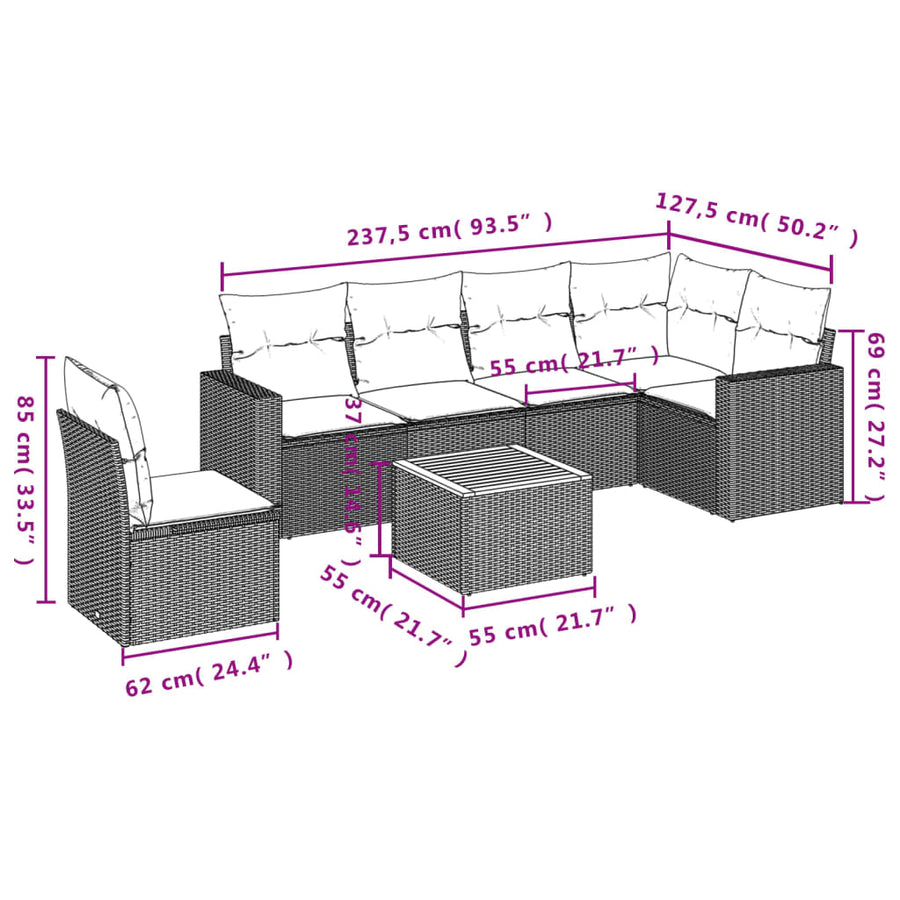 7-Delige Loungeset Met Kussens Poly Rattan Gemengd Beige