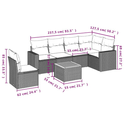 7-delige Loungeset met kussens poly rattan grijs